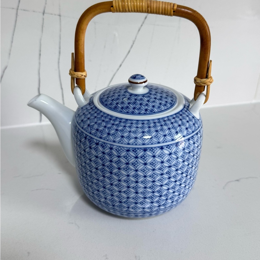 Japanese Blue and White Teapot with Bamboo Handle